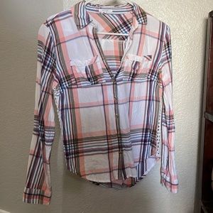 XS, pink plaid, LS button up top